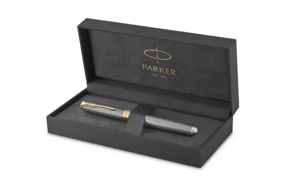 PARKER Sonnet Fountain Pen, Prestige Chiseled Silver with Gold Trim, Solid 18k Gold Medium Nib