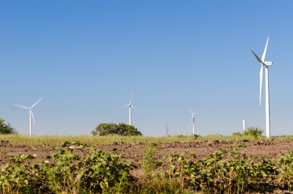 Landscape of energy efficient wind turbine at the countryside near Tarariras, Colonia