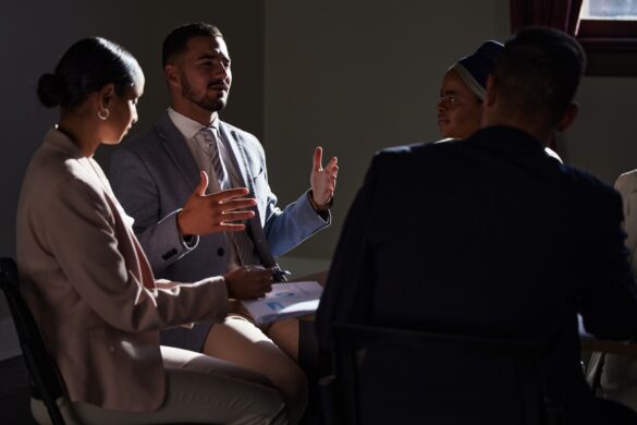 Business people, leader and idea in meeting for goal, vision or startup, company or integration in